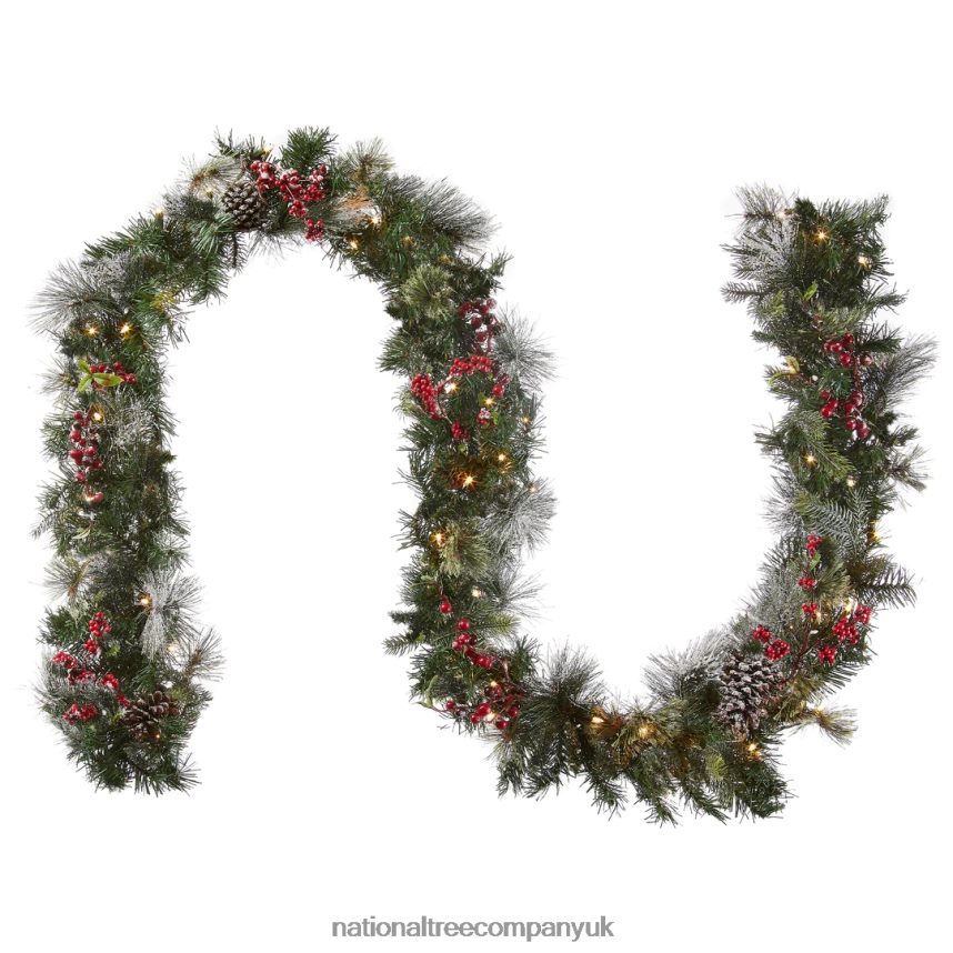 Greenery | National Tree Company Pre-Lit Artificial Christmas Garland Green Wintry Berry White Lights Decorated With Pine Cones Berry Clusters Frosted Branches Plug In Christmas Collection 9
